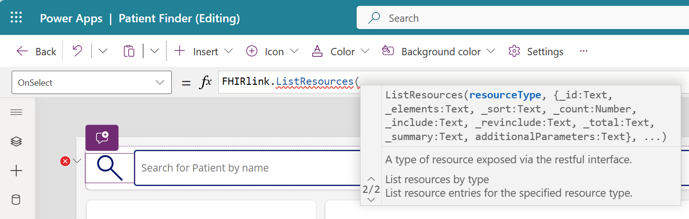 Screenshot of Power Apps showing the down arrow selected to view page two of two parameters.
