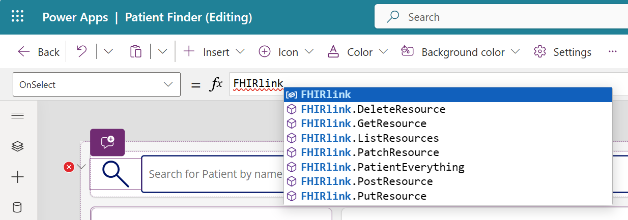 Screenshot of Power Apps showing the formula editor for OnSelect with IntelliSense suggestions listing available operations on the F H I R link connection object.
