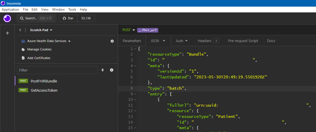 Screenshot of Insomnia with the J S O N file loaded into the editor.