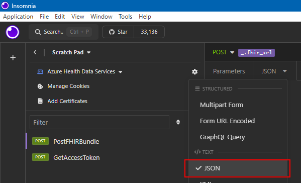 Screenshot of Insomnia showing J S O N selected on the Body tab.