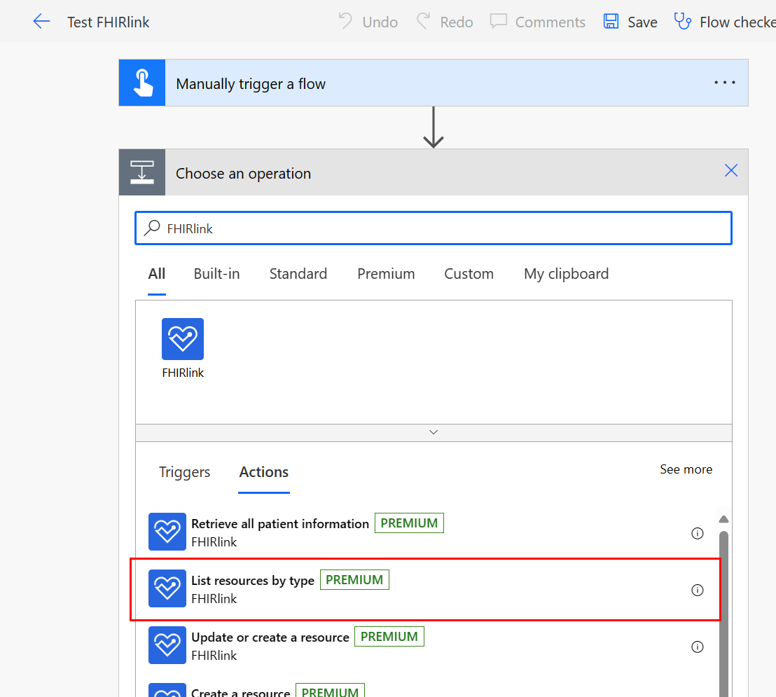 Screenshot of the flow on the Actions tab with List resources by type highlighted.