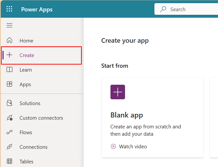 Screenshot of Power Apps on the Create page showing Start from Blank app.