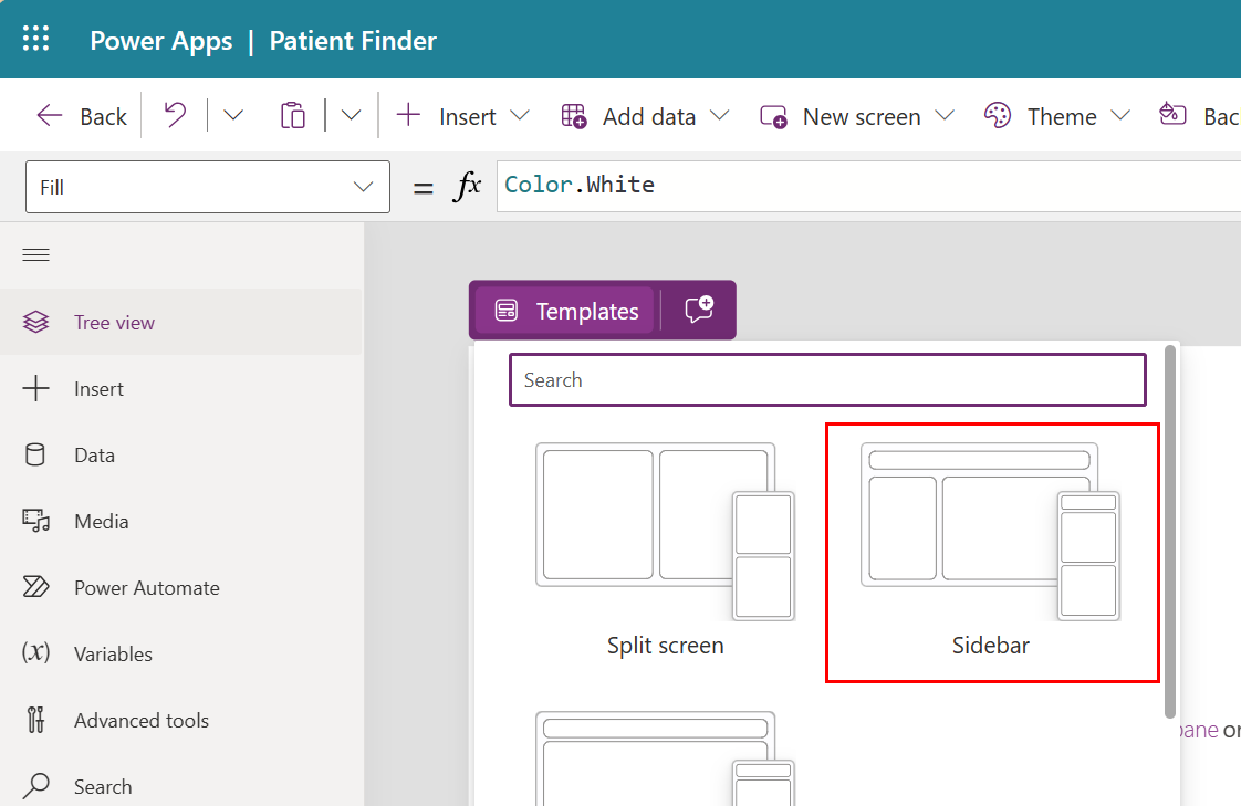 Screenshot of Power Apps Patient Finder with the Sidebar template highlighted.