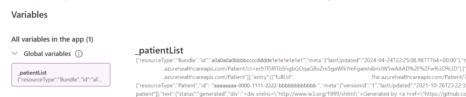 Screenshot of Variables showing the contents of the patient List variable.
