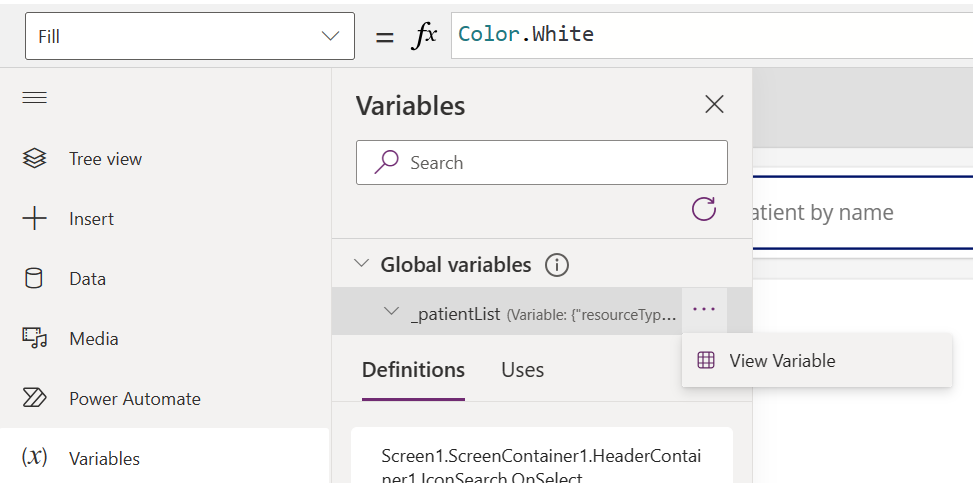 Screenshot of variables showing Global variables expanded and the ellipsis icon to the right of patient list selected to reveal the View Variable option.