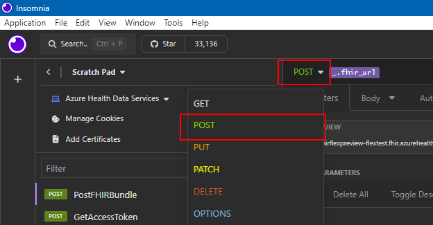 Screenshot of Insomnia with the new request, showing Post set as the method.