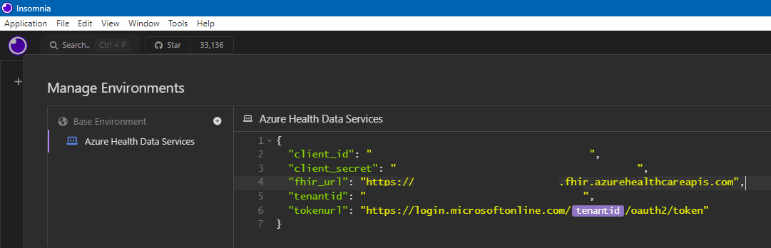 Screenshot of Azure Health Data Services showing on the Manage Environments screen.