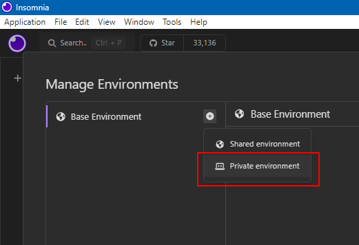 Screenshot of the Manage Environments screen with Private environment highlighted.