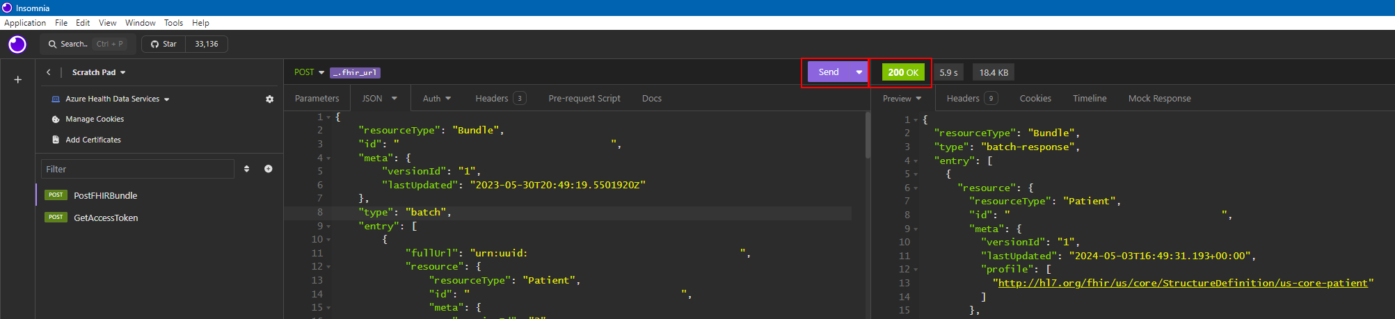 Screenshot of Insomnia with the Send button highlighted.