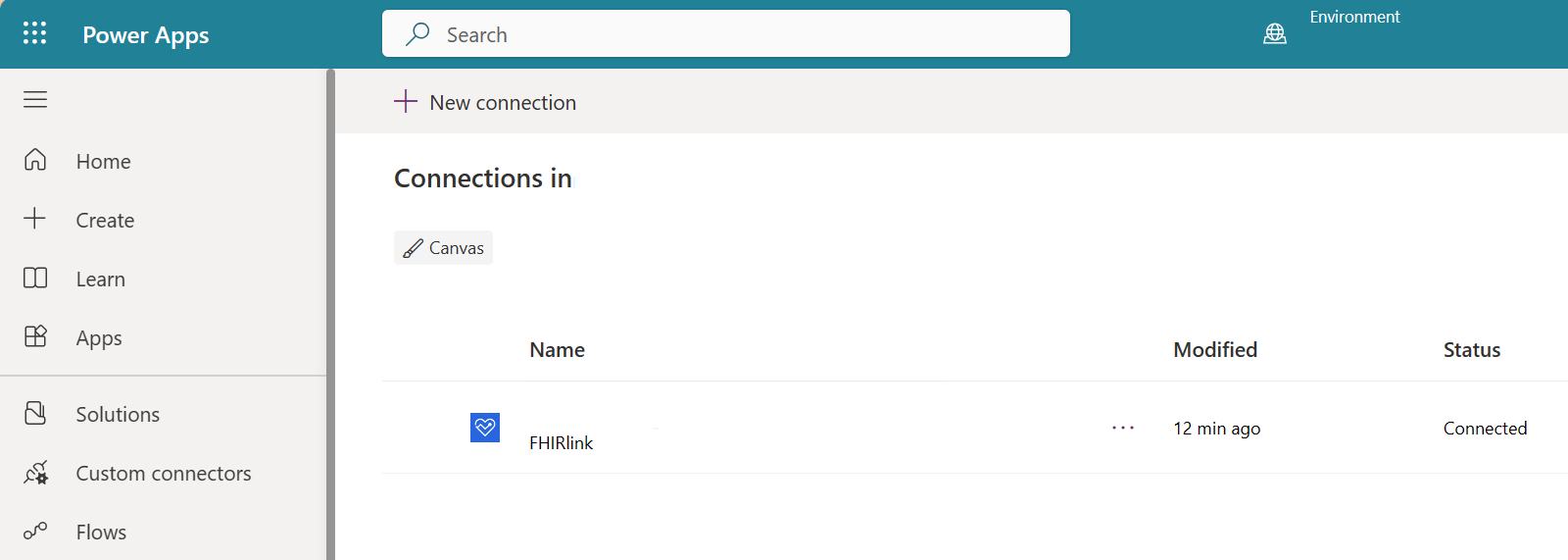 Screenshot of Power Apps with the connection saved.