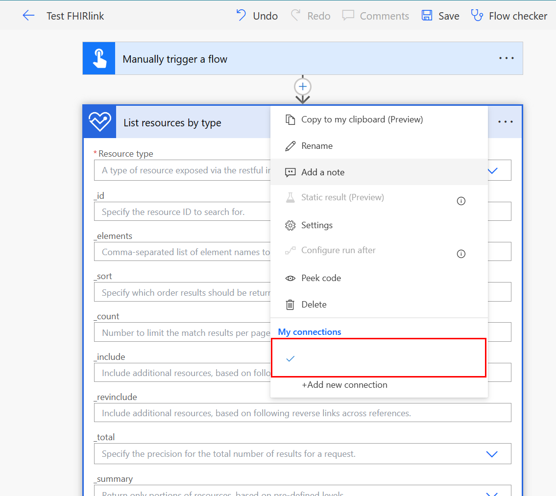 Screenshot of the flow showing the ellipsis icon selected to reveal the My connections setting.
