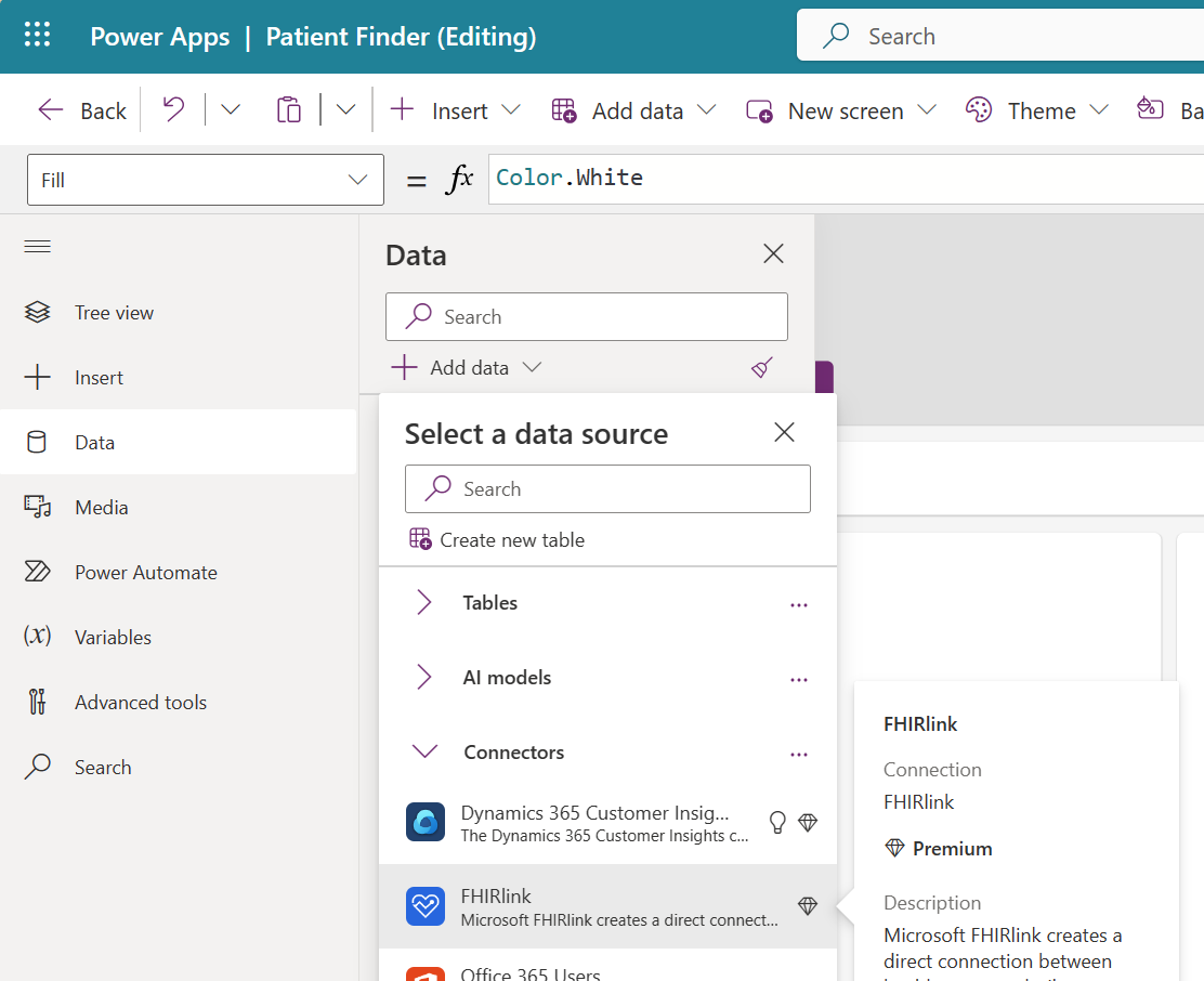 Screenshot of Power Apps showing the Select a data source dialog.