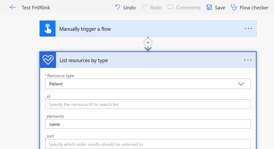 Screenshot of the flow showing the List resources by type action. The Resource type is set to Patient, and the elements field is set to name.