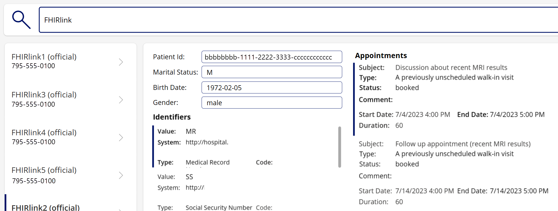 Screenshot of a patient record with child arrays.