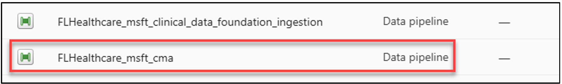 Screenshot of the FLHealthcare_msft_cma datapipeline.