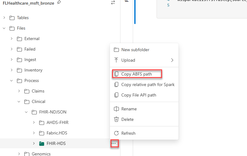 Screenshot of selecting Copy ABFS path of the FHIR-HDS node.