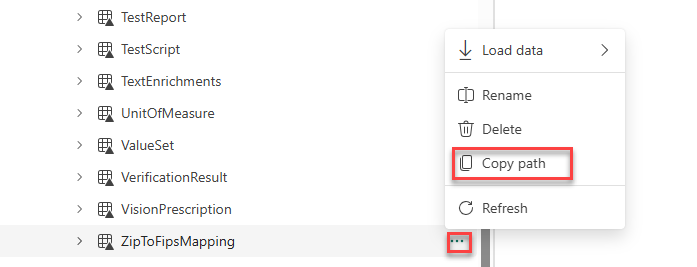 Screenshot of selecting the copy path button of the ZipToFipsMapping table.