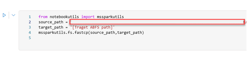 Screenshot of replacing Source ABFS path with the path you copied.
