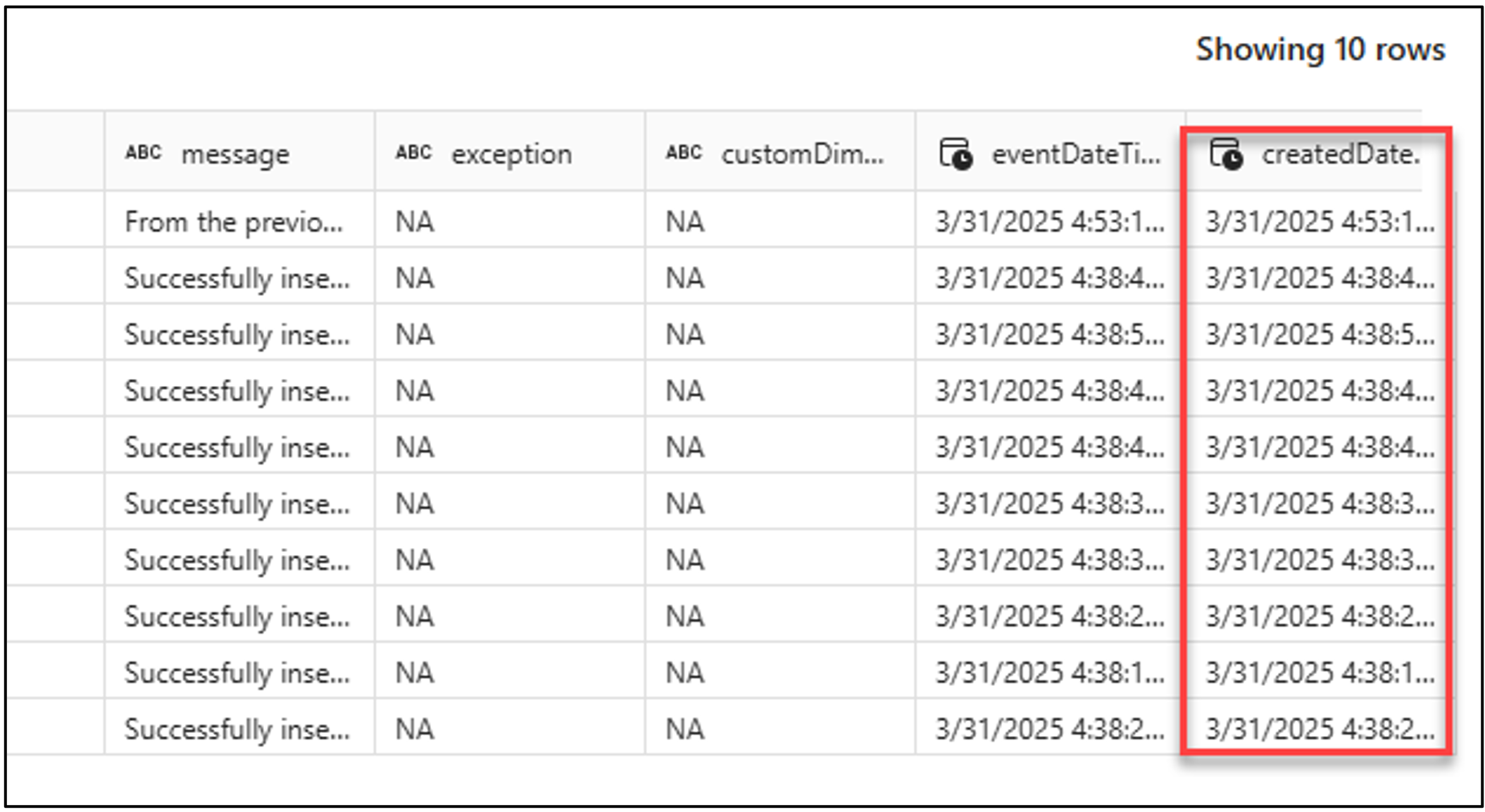 Screenshot of the rows that are created.