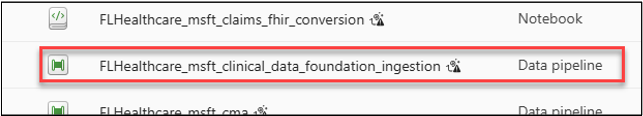 Screenshot of selecting the FLHealthcare_msft_cma Data pipeline.