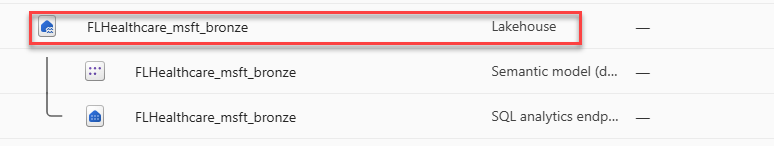 Screenshot of selecting the FLHealthcare_msft_bronze lakehouse.