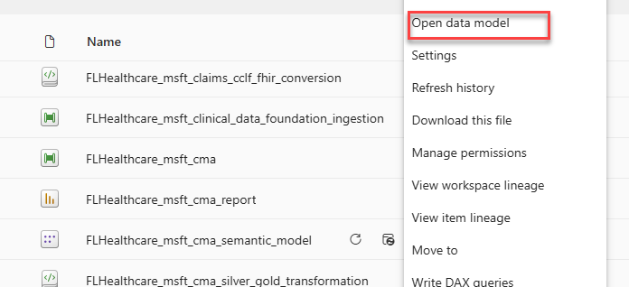 Screenshot of selecting Open data model.