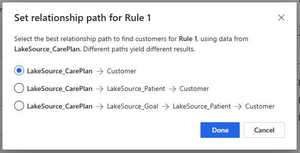 Screenshot of the different paths to choose when setting relationship path for Rule 1.