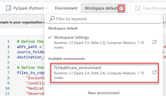 Screenshot showing the selected environment.