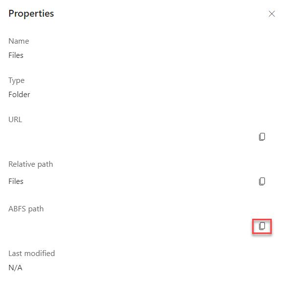 Screenshot showing the ABFS path value.