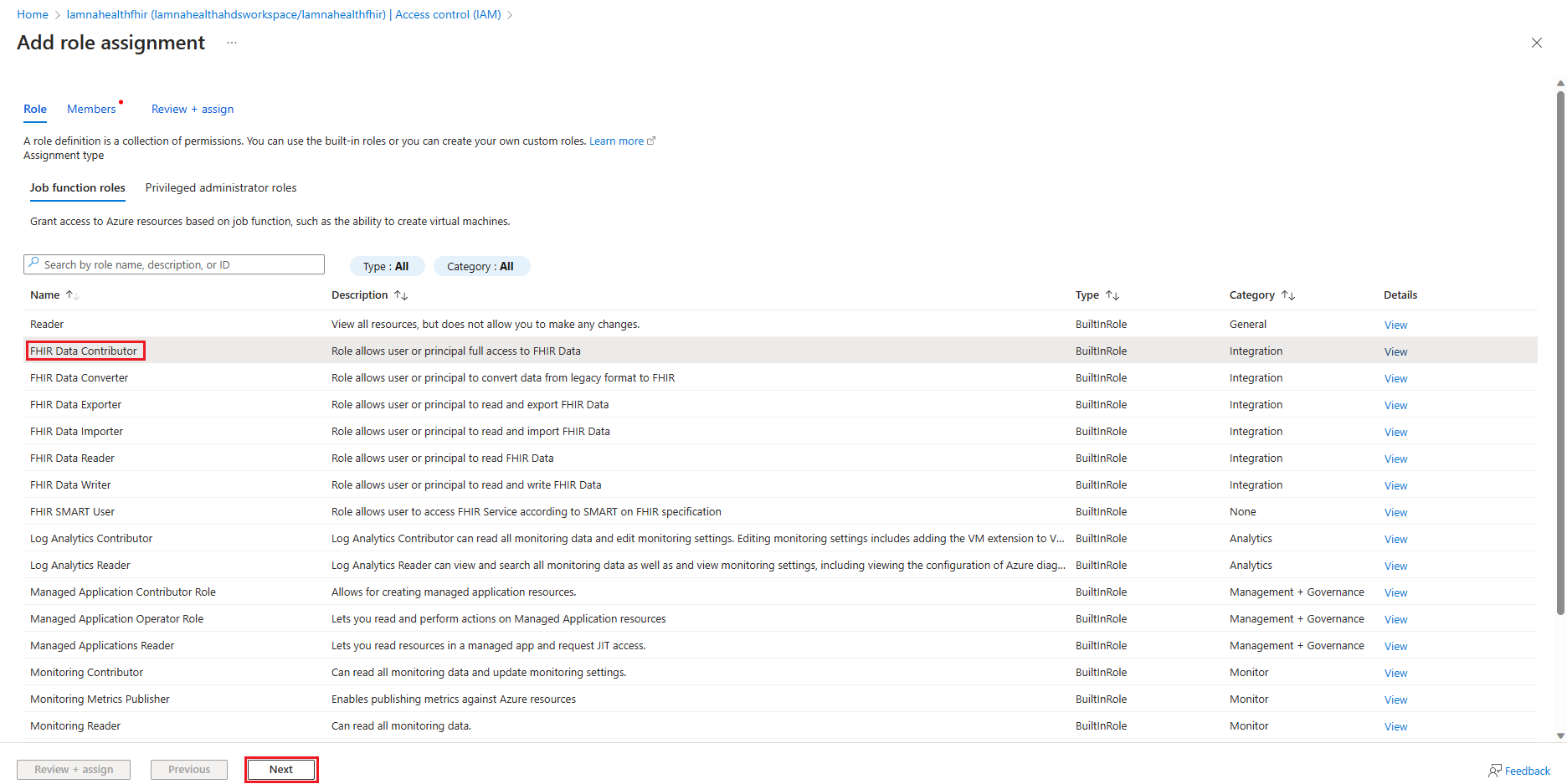Screenshot of the Add role assignment page with the F H I R Data Contributor role highlighted.