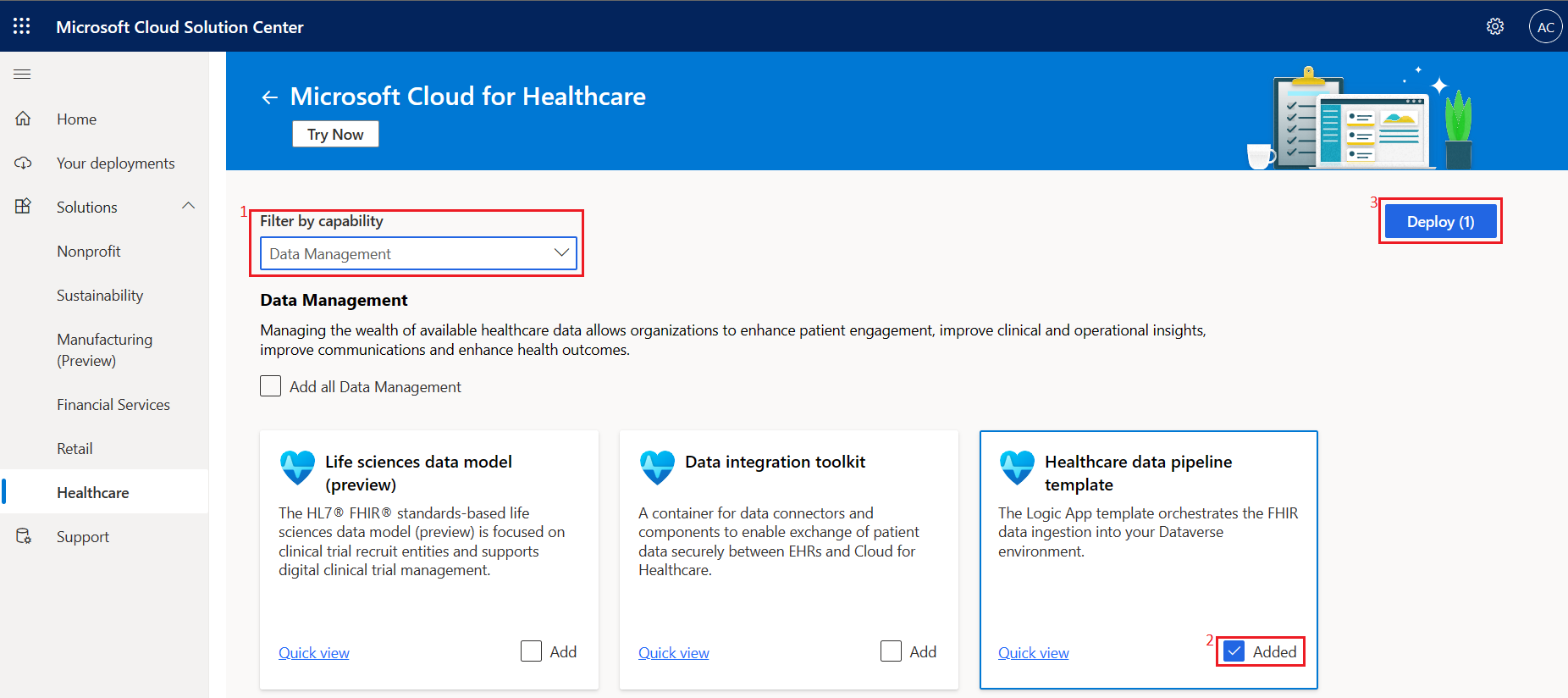 Screenshot of the Microsoft Cloud for Healthcare page with the Healthcare data pipeline template card highlighted.