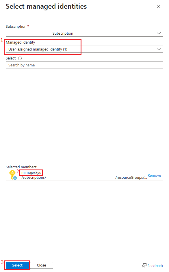 Screenshot of the Select managed identities panel with the Managed identity option selected.