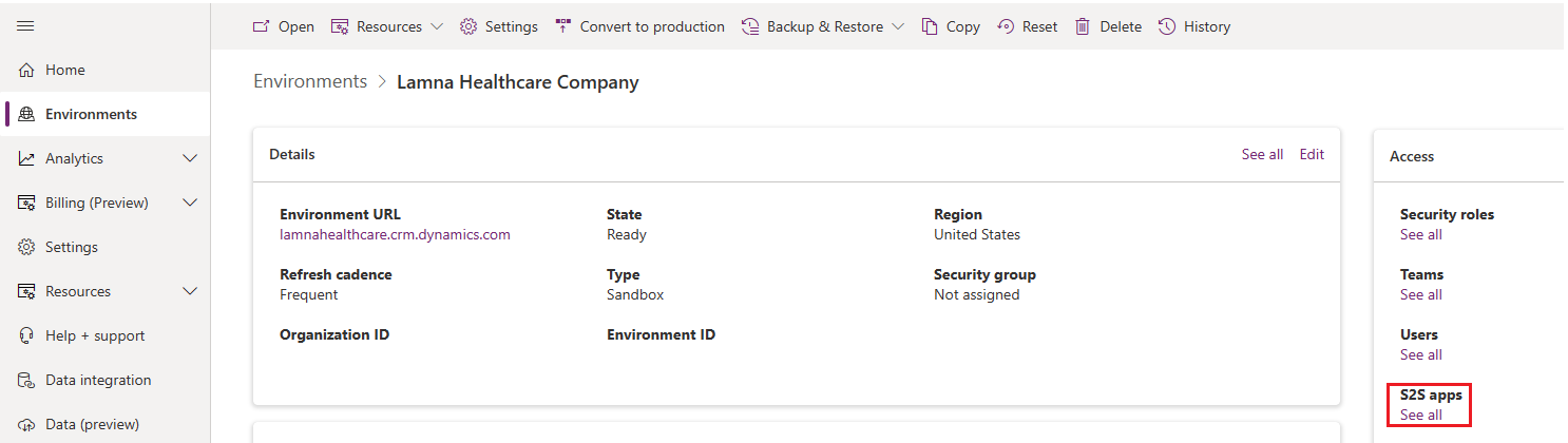 Screenshot of Power Platform admin center with S 2 S apps highlighted.