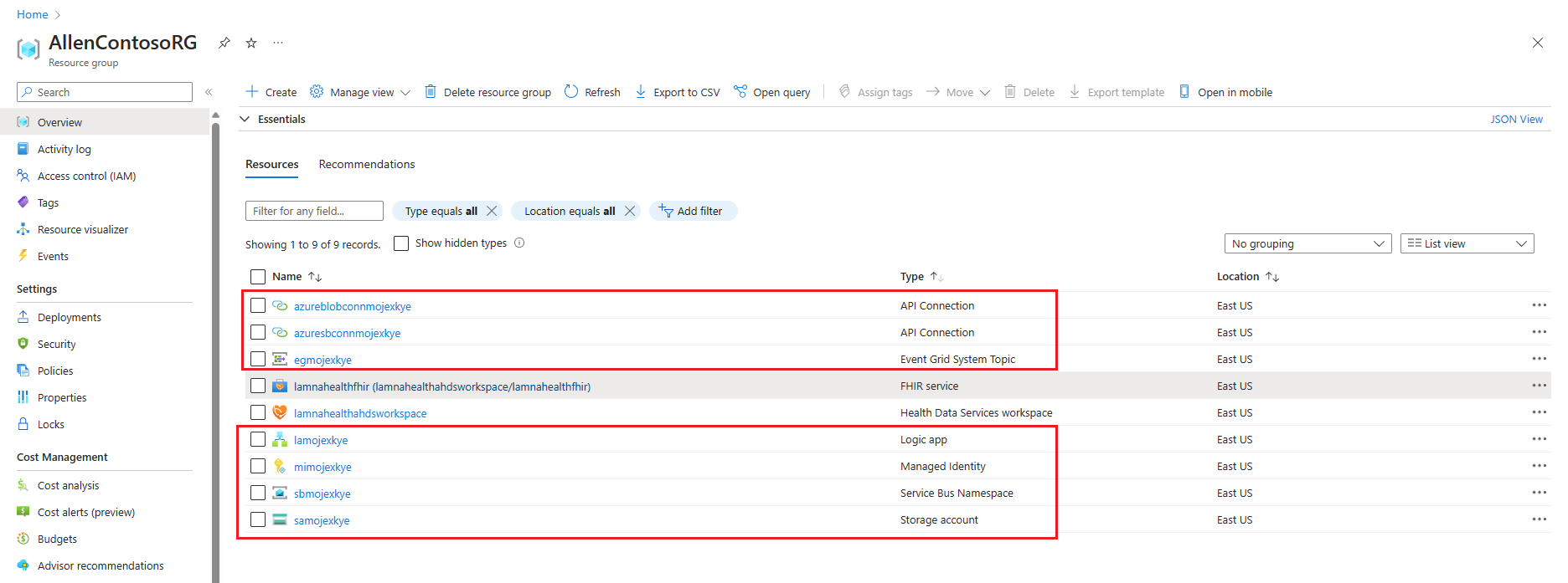 Screenshot of the resources in the resource group.