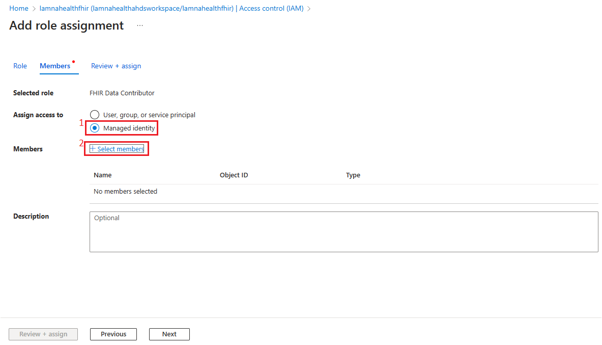 Screenshot of the Add role assignment page with Managed Identity and Select members highlighted.