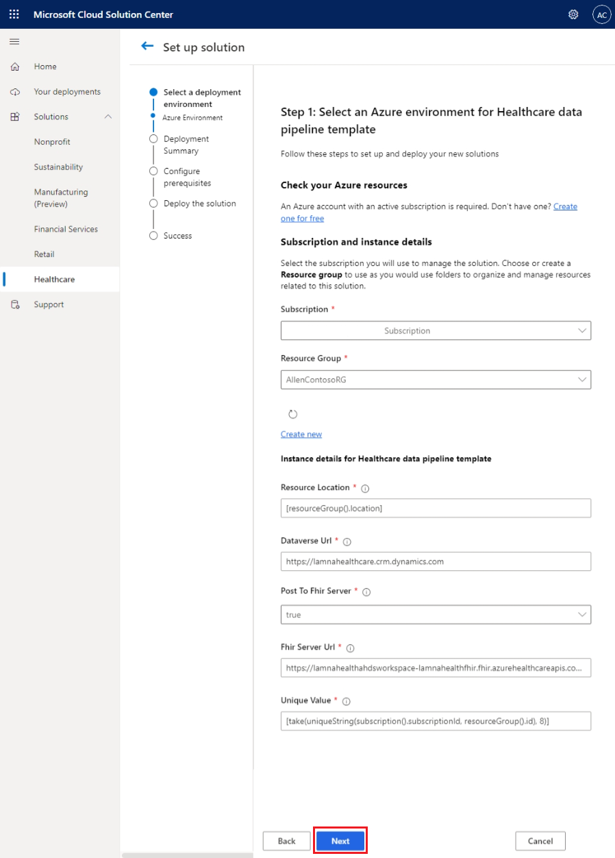 Screenshot of Microsoft Cloud Solution Center on the Set up solution page Step one.