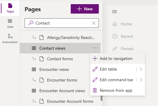 Screenshot of the menu with the Add to navigation option selected.