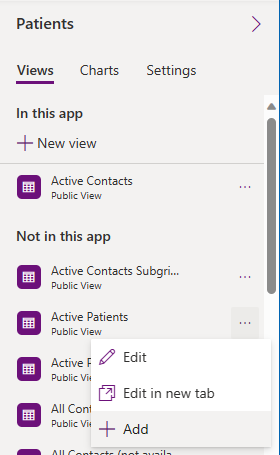 Screenshot of the Active Patients menu option with Add selected.