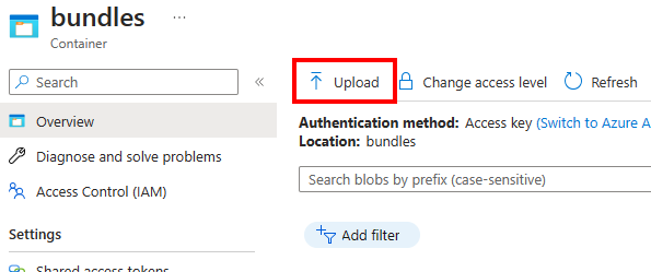 Screenshot of the bundles container view with the Upload button.