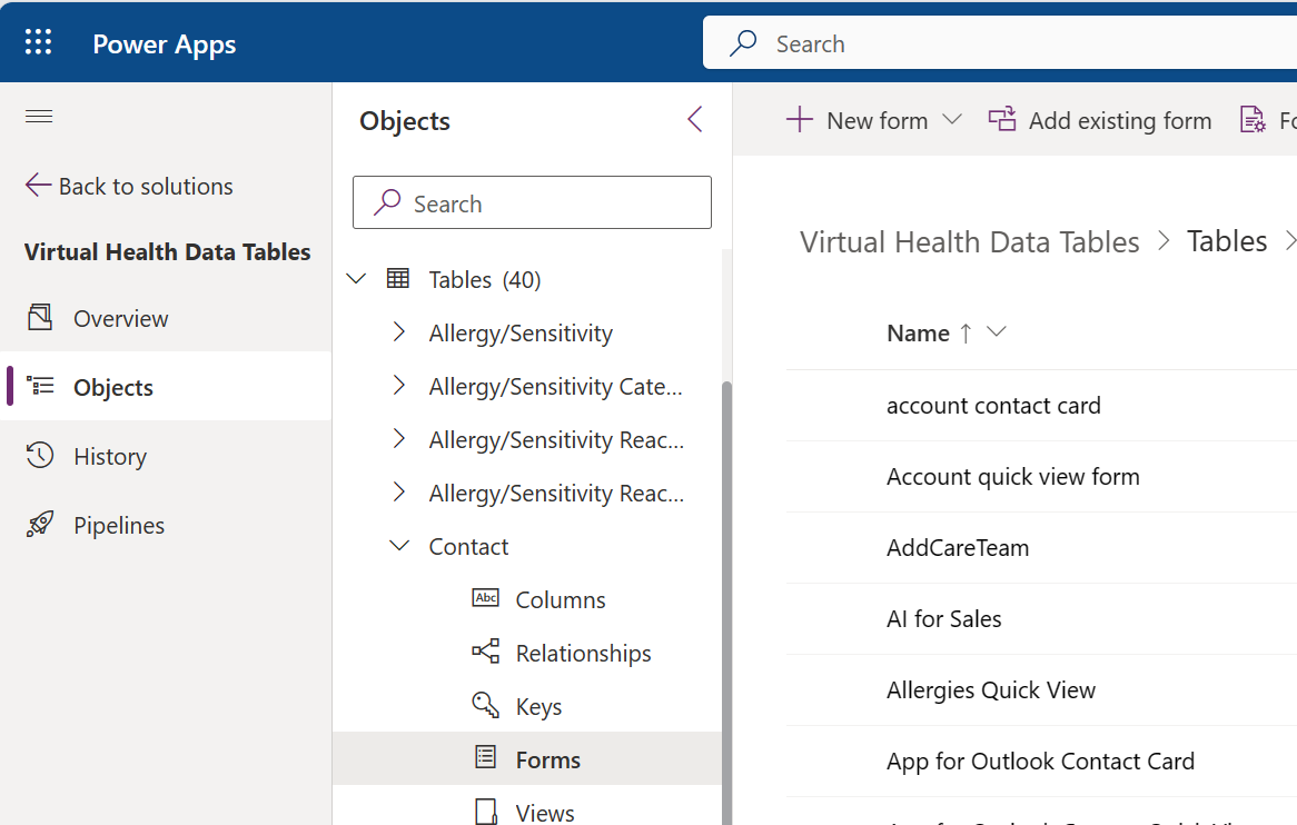 Screenshot of the Contact menu with Forms selected.