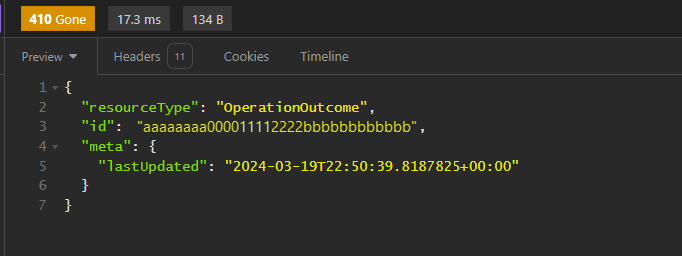 Screenshot of the results pane with the record deleted.