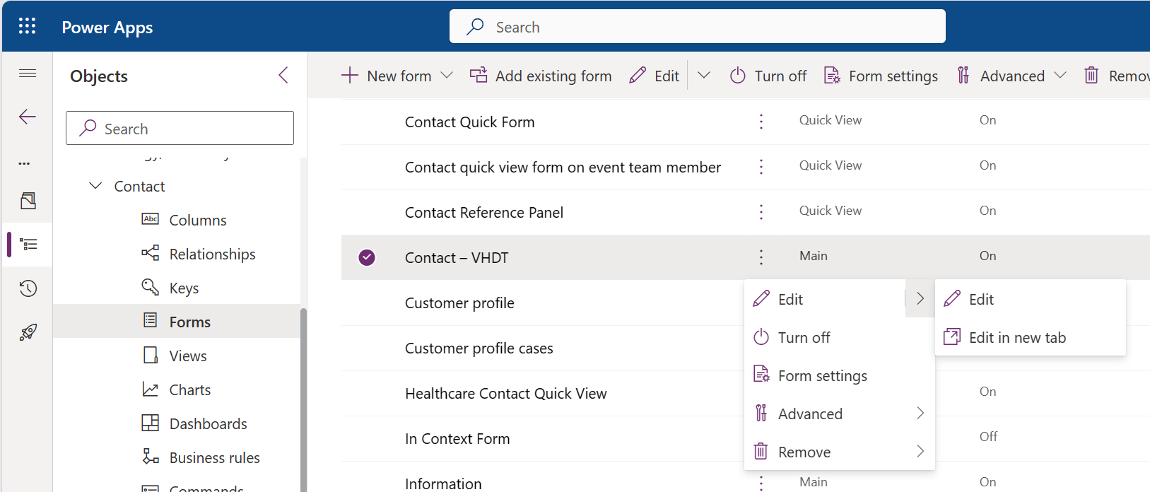 Screenshot of the Edit in new tab menu item selected.