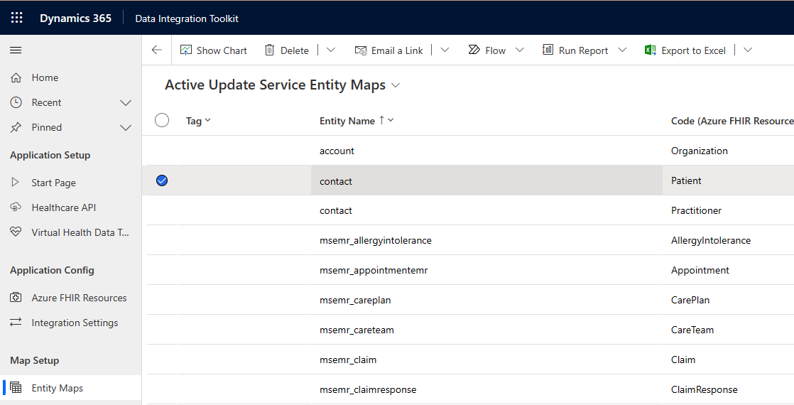 Screenshot of the entity map list with Patient selected.