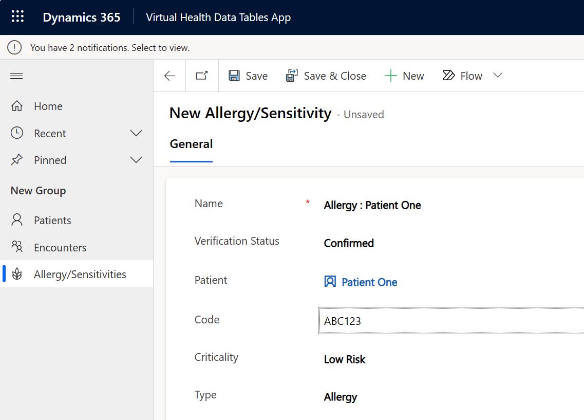 Screenshot of the New Allergy Sensitivity record.