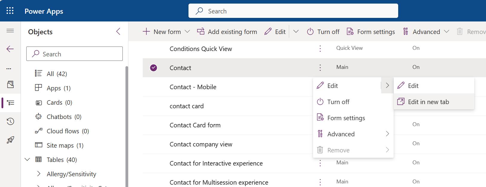 Screenshot of the form with the Edit in new tab option selected from the menu.