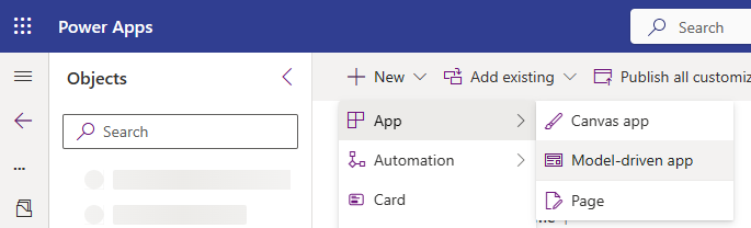 Screenshot of the menu with the Model-driven app option selected.