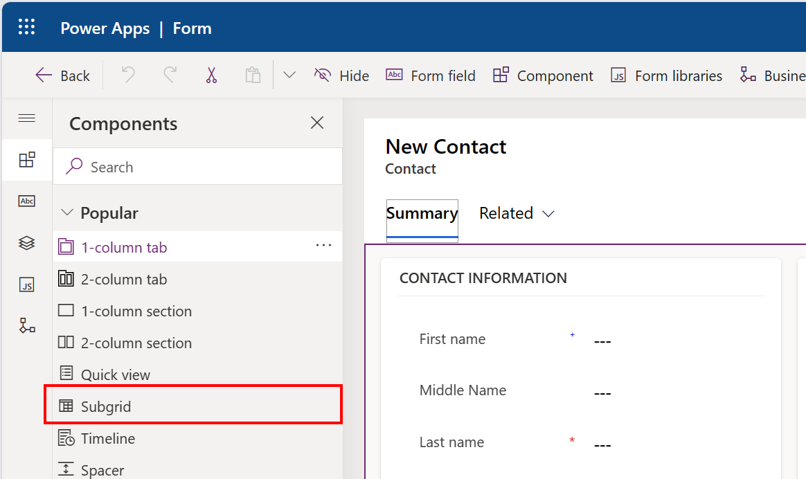 Screenshot of Subgrid selected from the Components list.