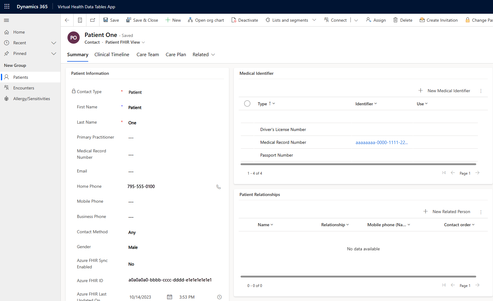 Screenshot of the new patient details.