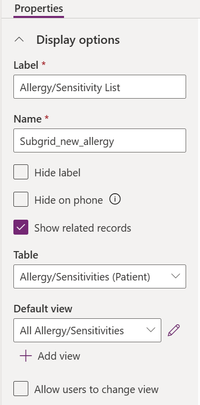 Screenshot of the subgird table settings.