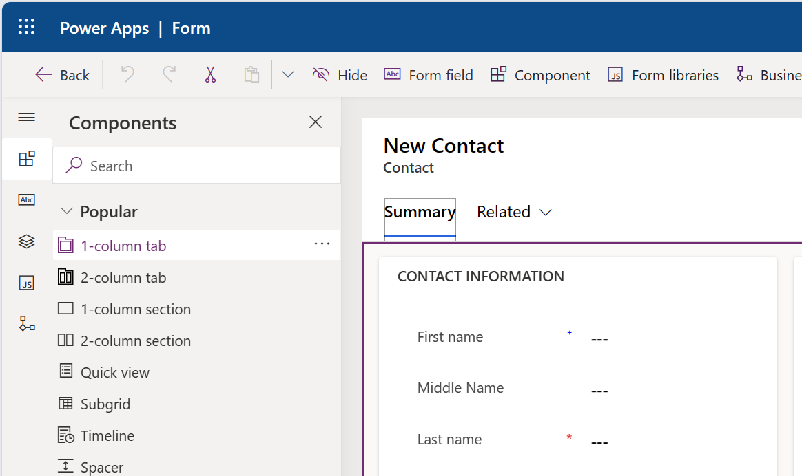 Screenshot of the one-column tab option selected.